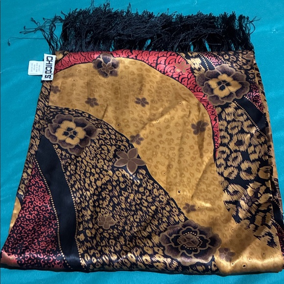 Chico's Accessories - Chico's Gold and Black Patterned Scarf with Fringe